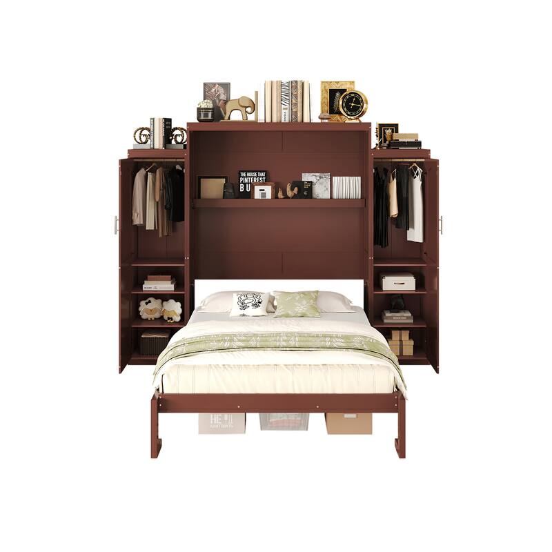 Multifunctional Queen Size Wooden Murphy Bed w/ 2 Wardrobe & Storage Shelf Foldable Wall Bedframe for Guest-Room, Bedroom