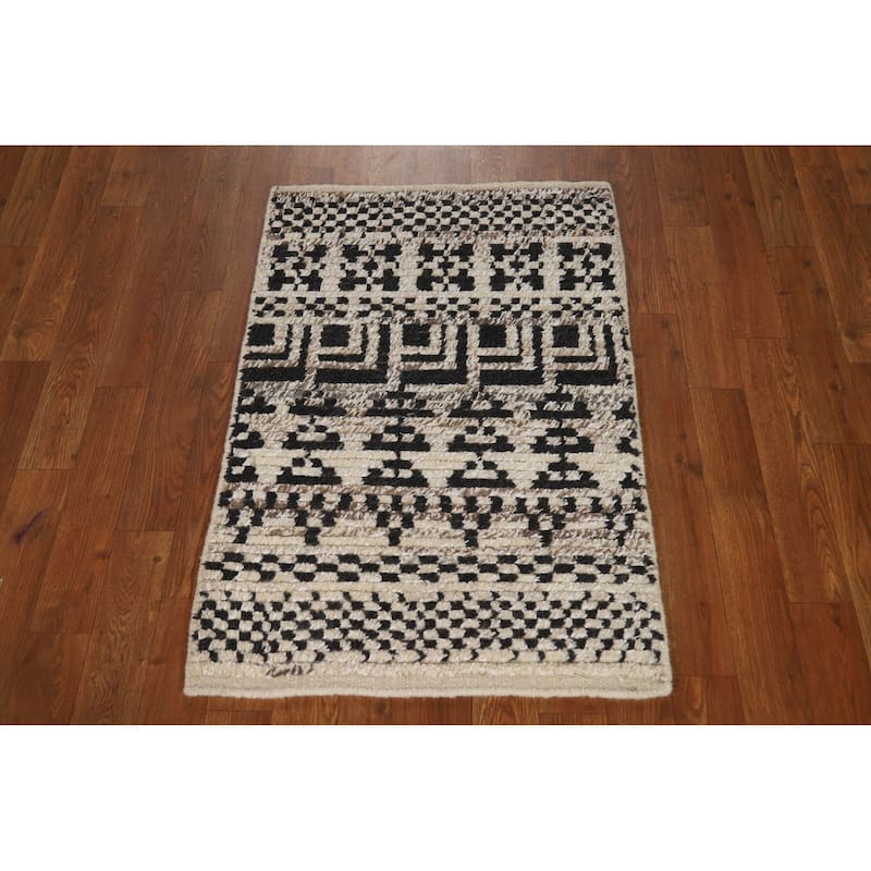 Geometric Moroccan Indian Foyer Rug Hand-Knotted Wool Carpet - 2'0"x 3'0"