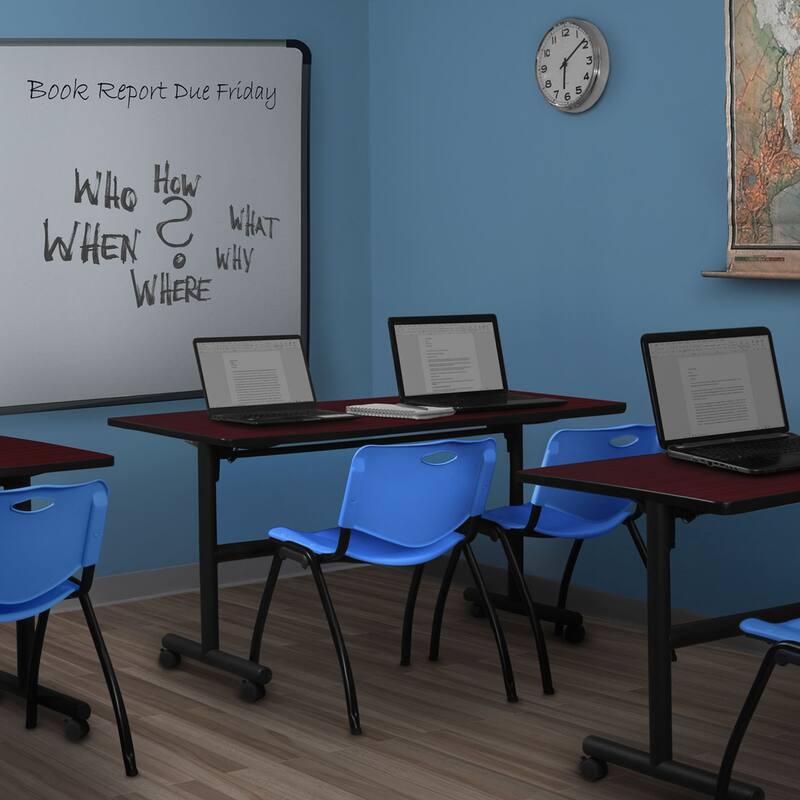 60" Flip Top Mobile Training Table- Mahogany & 2 'M' Stack Chairs- Blue