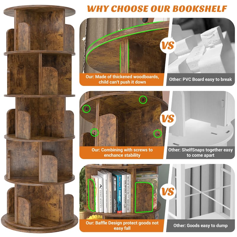 4/5/6 Tiers Round Rotating Bookcase, Revolving Floor Standing Bookshelf Corner Organizer Display