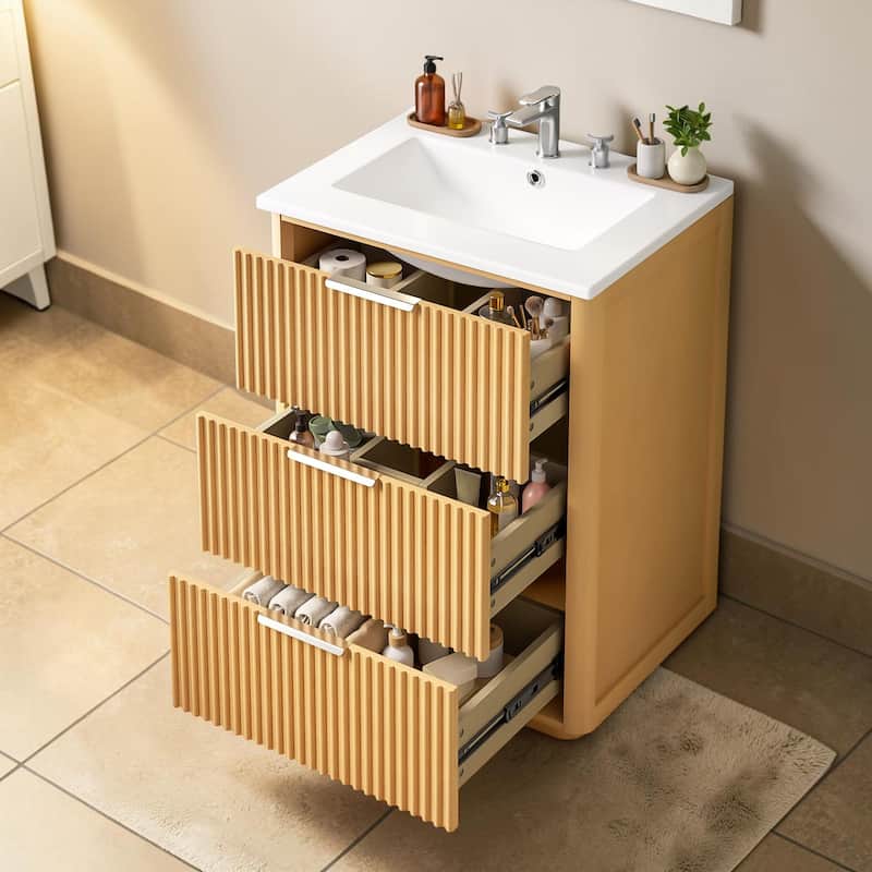 24 Inch Bathroom Vanity with Ceramic Sink, Modern Storage Cabinet with 3 Drawers and Open Shelf