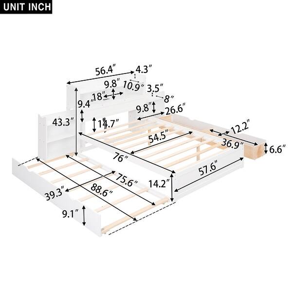 dimension image slide 1 of 2, Full Size Storage Platform Bed with Trundle and Pull-Out Shelves, White