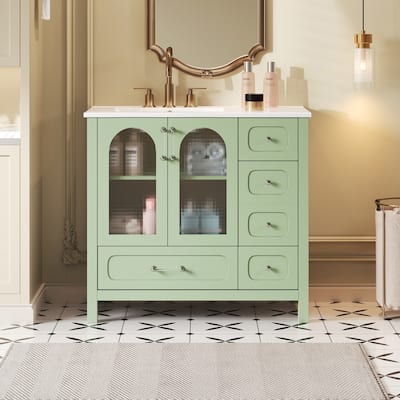 36" Waffle-Texture Bath Vanity – Features 4 Drawers, 2 Soft-Close Doors & Elegant Glass Fronts‌