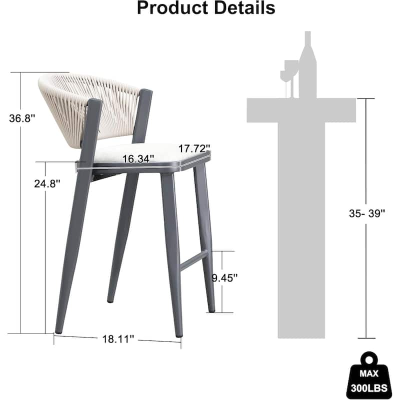 PURPLE LEAF Bar Stool Set of 2 Outdoor Rattan Bar Chair with Back Metal Bar Height Stool Wicker Barstool Dark Grey - N/A