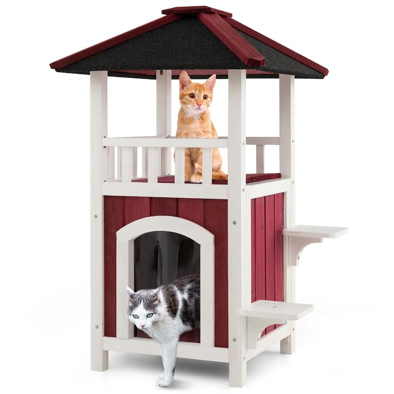Costway Outdoor Cat House 2-Story Wooden Cat Shelter with Asphalt Roof - See Details - Red + White - See Details