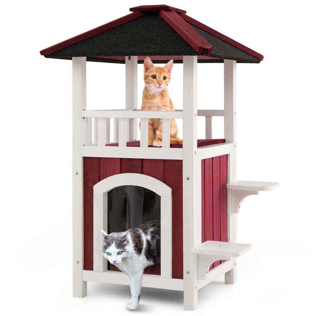 Costway Outdoor Cat House 2-Story Wooden Cat Shelter with Asphalt Roof - See Details
