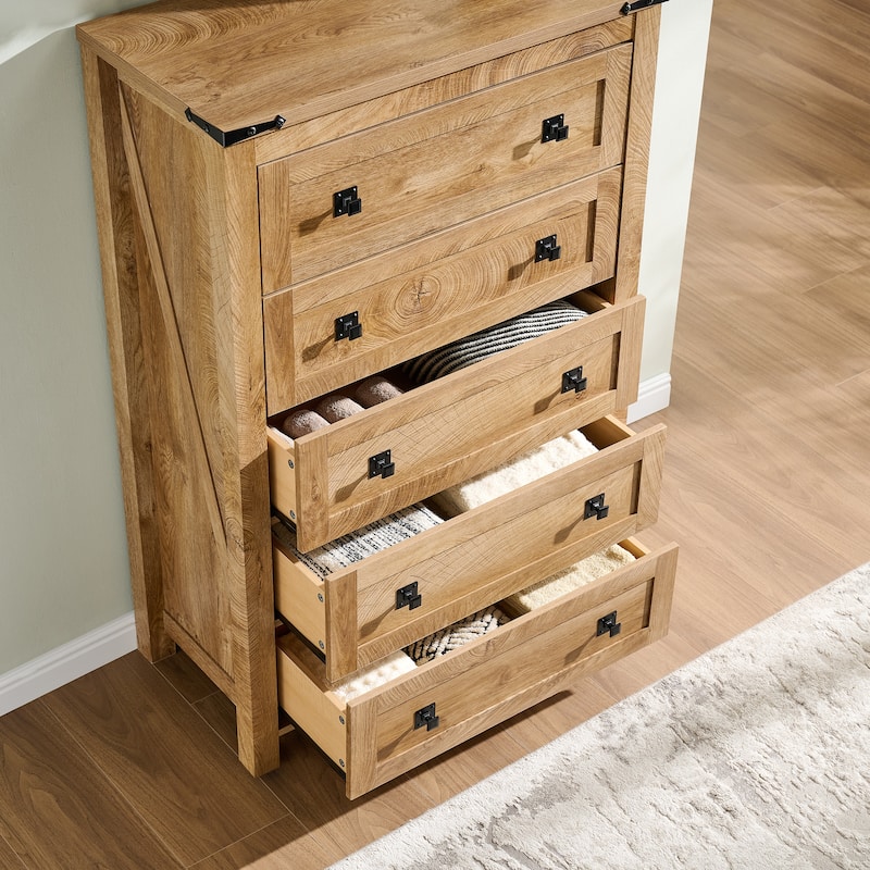 48" Tall Farmhouse 5 Drawer Wood Dresser, Chest of Drawers for Bedroom