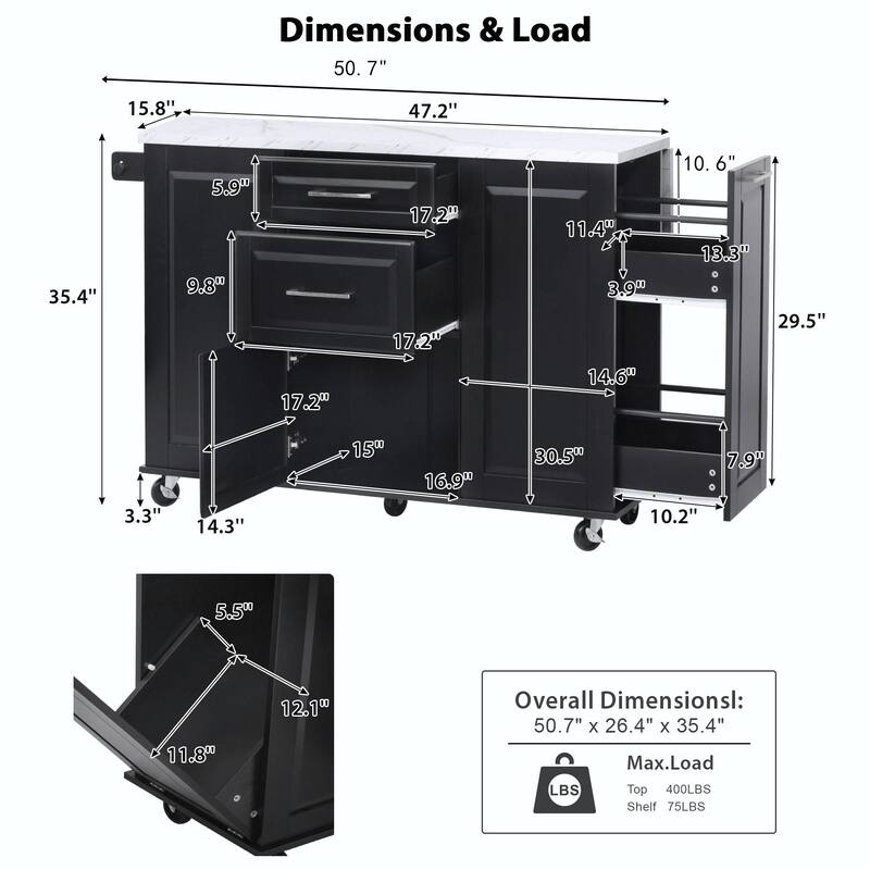 50.7" Kitchen Island with Storage, Tilt Trash Can Cabinet, and Pull-Out Cabinet Organizer