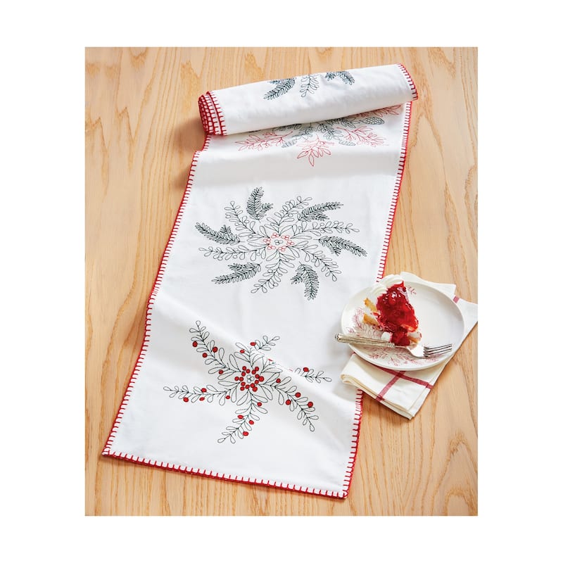 Hand Embroidered Snowflake Themed Cotton Machine Washable Table Runner 72 in.