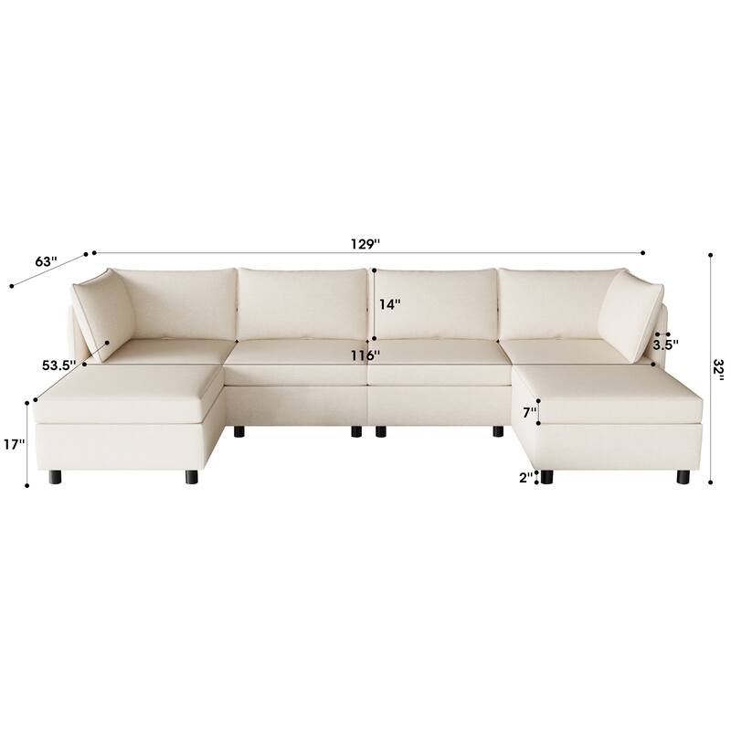 Beige 68'' L-Shaped 6-Seater Modular Sectional Sofa with Storage, Convertible Ottoman, High-Density Foam