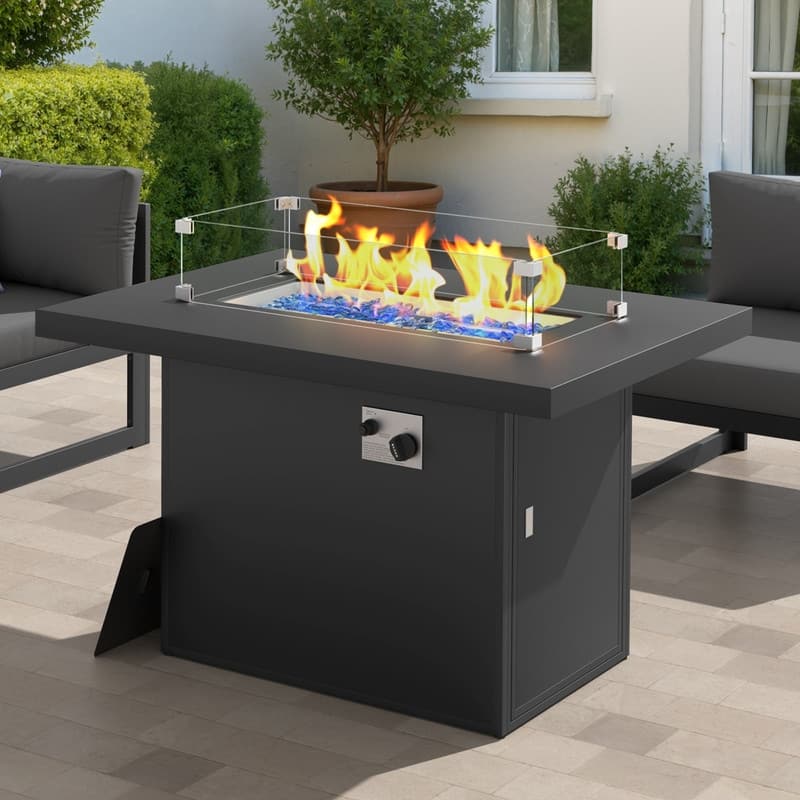 43" Outdoor Aluminum Gas Fire Pit Table, 60,000 BTU, Propane/Natural Gas, Glass Wind Guard - Grey