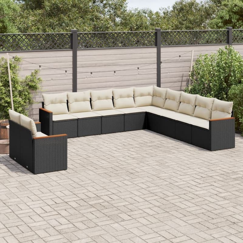 vidaXL Patio Sofa Set with Cushions Outdoor Conversation Furniture Poly Rattan - Black and cream without table - 24.4 x 24.4 x 27.2 in