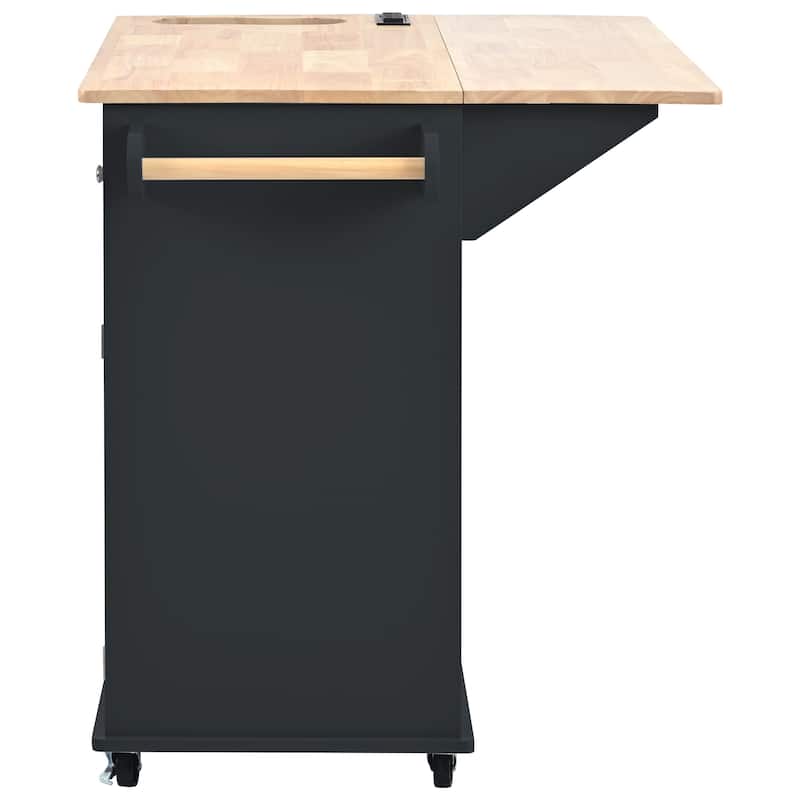 Kitchen Island with Power Outlet,Kitchen Storage Island with Drop Leaf and Rubber Wood,Open Storage and Wine Rack,5 Wheels