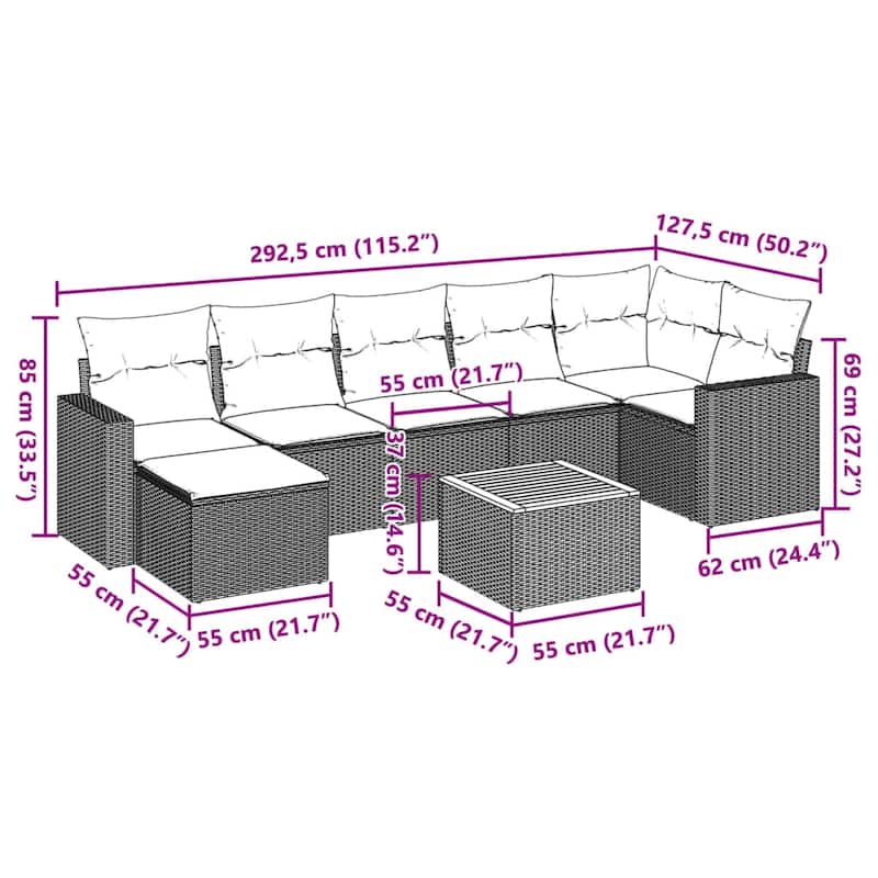 vidaXL Patio Sofa Set with Cushions Outdoor Furniture 8 Piece Poly Rattan