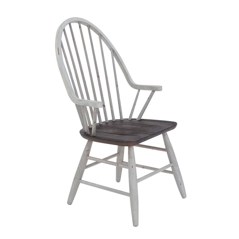 Farmhouse Two Tone White & Wood Windsor Back Arm Chair