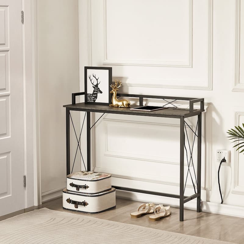 5-Pieces Console Table with Bar Stools Set, with 2 Outlet and 2 USB Ports, Dining Table Sets for Breakfast Nook