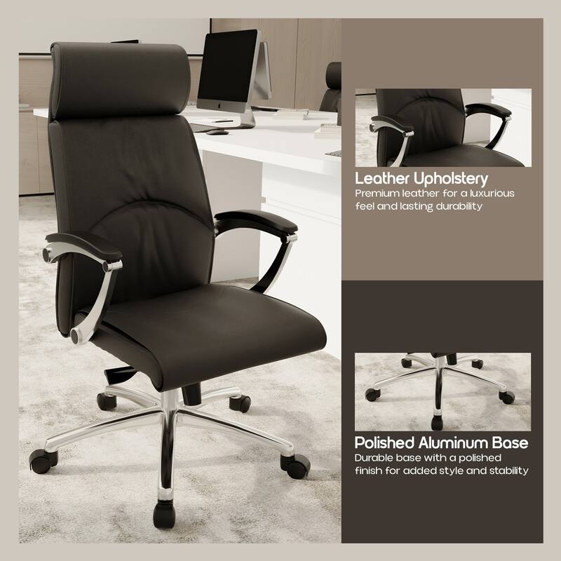 Leather Upholstered High-Back Office Chair Swivel Tilt Aluminum Frame Adjustable Conference Desk Chair for Computer