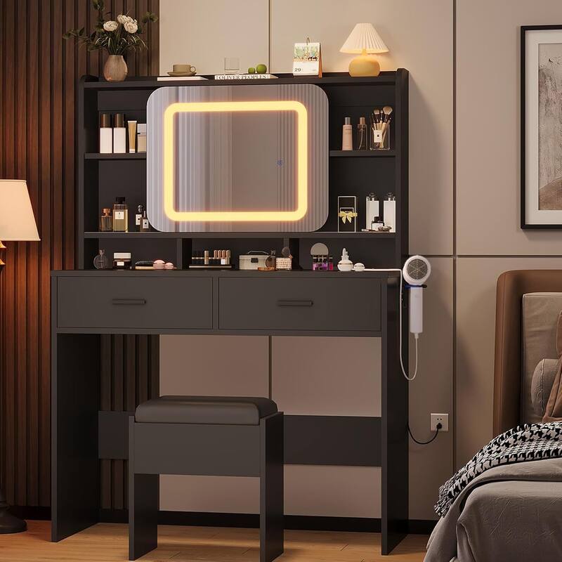 2 Drawer Vanity Desk Makeup Table with Charging Station, Storage Shelves - Black