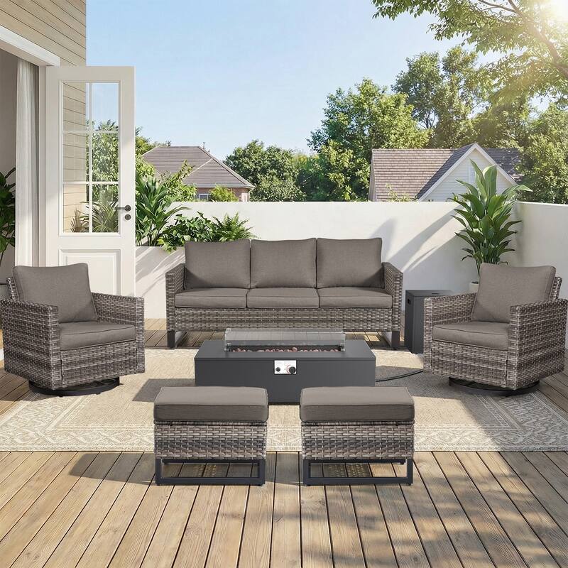 Pocassy 7-Piece Patio Sofa Swivel Chair Ottoman with Fire Table - Gray Wicker Gray Cushion - 7-Piece Sofa Swivel Chair Ottoman with Fire Table