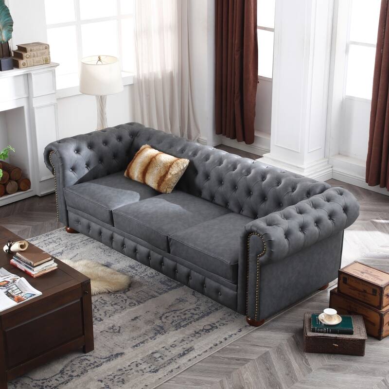 Chesterfield Sofa, 88.5" Upholstered Sofa Couch with Low Back, Roll Arm Nailhead Trim Classic 3 Seater Sofa for Living Room Home