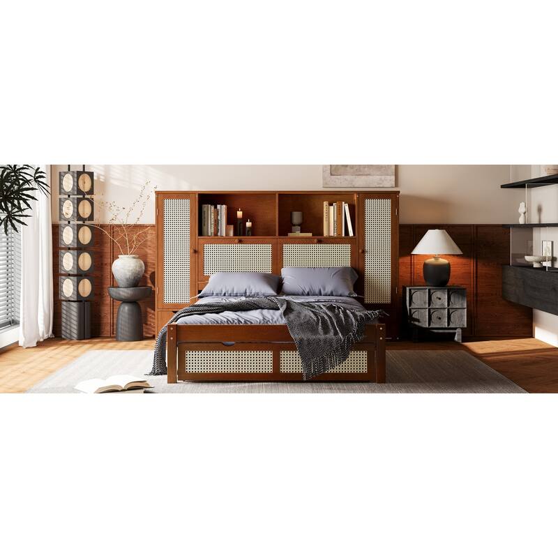 Twin Platform Bed with Rattan Accents, Built-In Headboard Shelf, Drawer, and 2 Storage Cabinets, Wooden Frame
