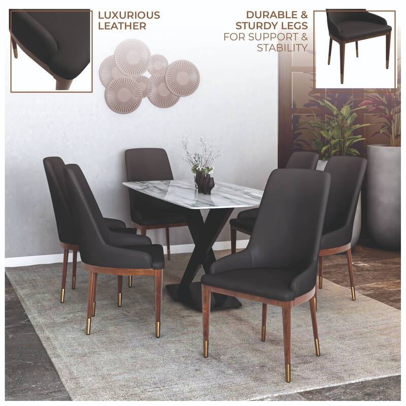 Dining Chair Upholstered in Leather with Rubberwood Frame Set of 2 Side Chair High Back and Gold Accent Legs