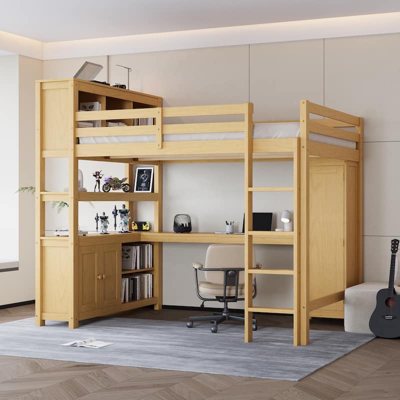 All-in-One Queen Size Loft Bed with L Shape Desk, Bookcase Headboard, Storage Cabinet and Built-in Wardrobe with Hanging Pole