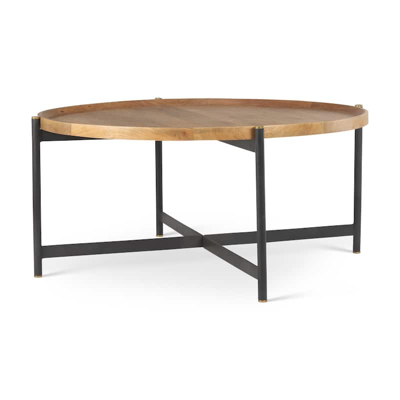 Marquisa Medium Brown Solid Wood w/ Black Iron Frame 42" Round Coffee Table - 42"L x 42"W x 19"H
