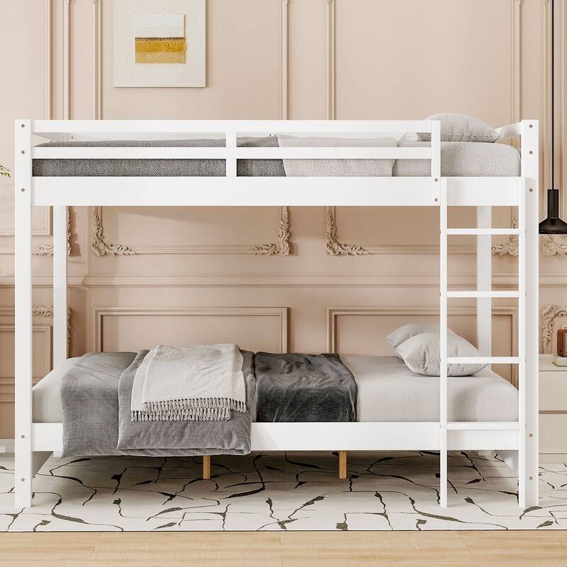 GDFStudio - Solid Wood Queen Bunk Bed with Ladder and Guardrails