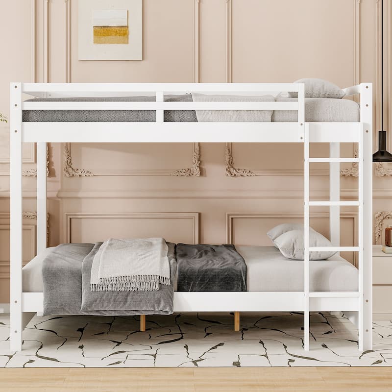 Wooden Queen Size Bunk Bed, Solid Pine Queen over Queen Bunk Bed Frame with Built In Ladder and Full Length Guardrail - White - Queen