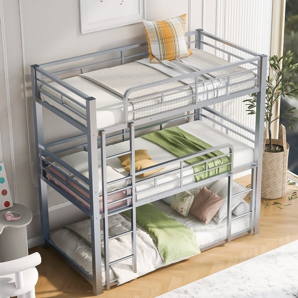 slide 2 of 16, Metal Twin Size Triple Bunk Bed with Guard Rails, Silver Silver