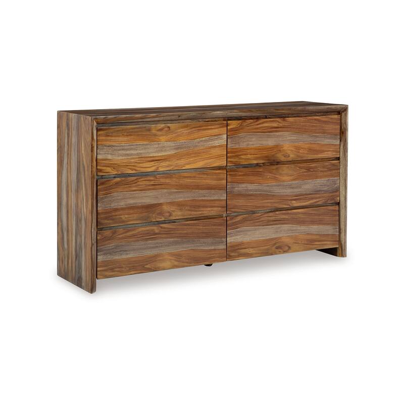 Donni Wide Dresser, 6 Drawer, Brown Sheesham Wood Finish, 65 inch