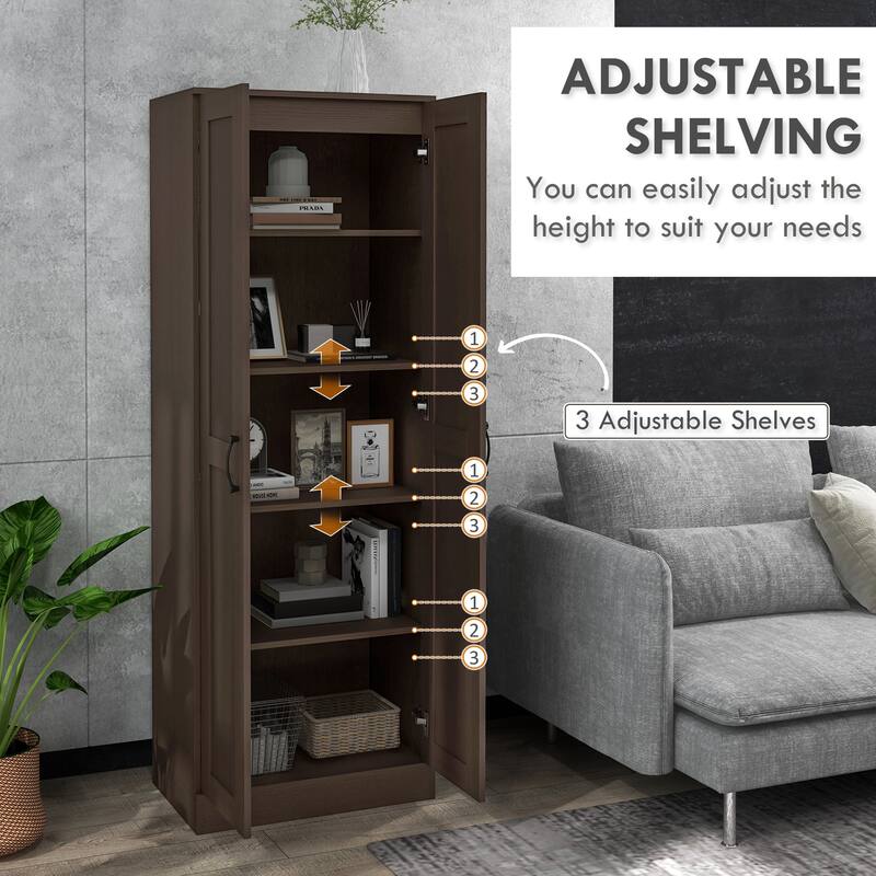 69" Tall Storage Cabinet with Movable Storage Shelves, Modern Style Pantry Cupboard Cabinet with Soft Close Doors, Coffee