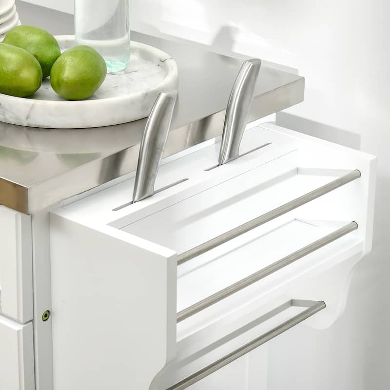 White Kitchen Island with Stainless Steel Top and Storage Drawers Cabinets Spice Towel Rack - 33" L x 18" W x 35.75" H
