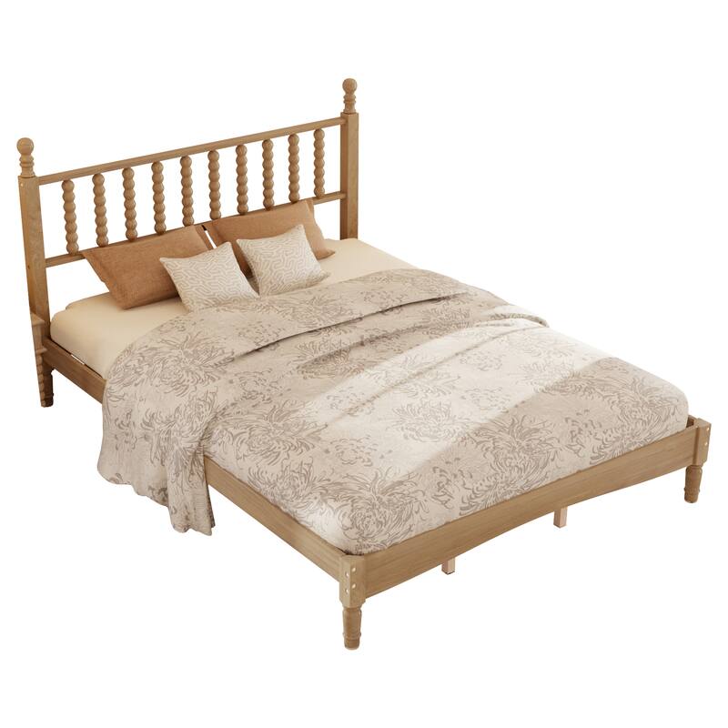 Natural Wood Queen Platform Bed with Curved Gourd Headboard, Vintage-Inspired Frame with Sturdy Slat Support