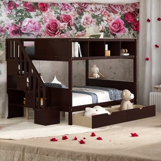 Modern Multi-function Twin over Full Bunk Bed With Shelfs,Storage Staircase and 2 Drawers,Sturdy Frame for Kids