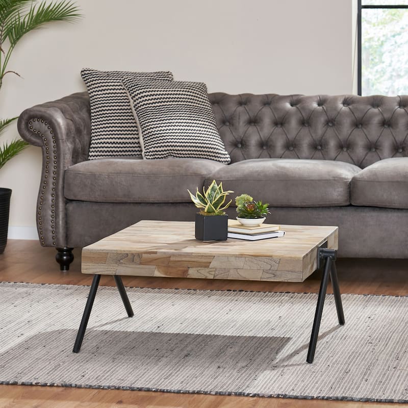 Modern Industrial Design Handcrafted Mango Wood Top Coffee Table wih Unique V-shaped Legs - Grey+Black