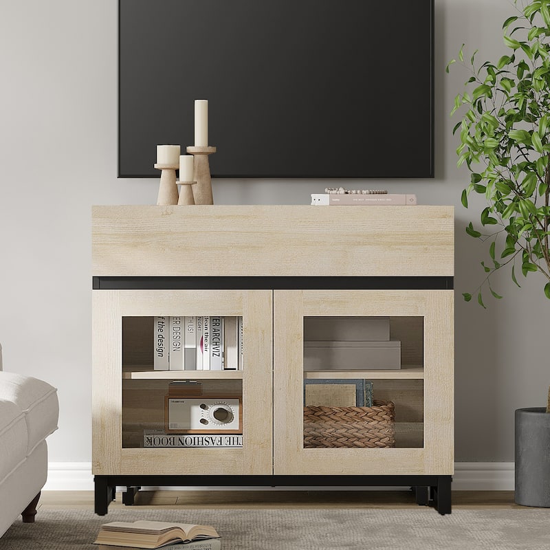 WAMPAT Modern TV Stand with Glass Doors for 110 inch TVs, Entertainment Center Console with 3 Drawers and Metal Base - 31.5 Inch - Beige