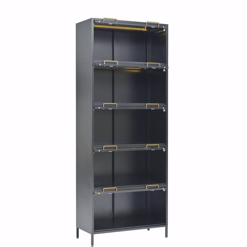78" Tall Glass Display Cabinet with LED Lights - 5-Tier, Black