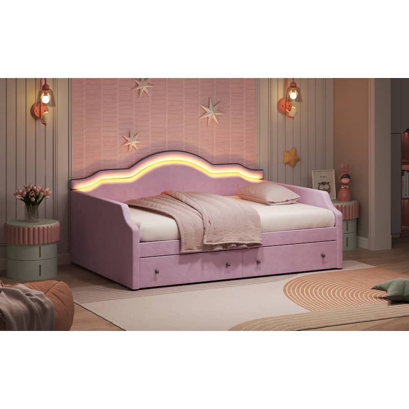 Upholstered Daybed with 2 Drawers, Wave Backrest Frame with Ambient Lighting, No Box Spring Needed Storage Sofa Bed