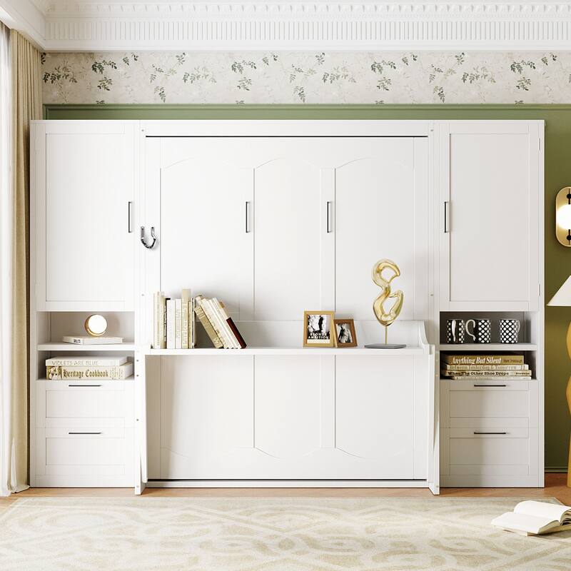 Foldable Bed Frame Wooden Murphy Bed Queen Size Wall Bed Cabinet with Wardrobe and Storage Drawers for Bedroom or Guest Room