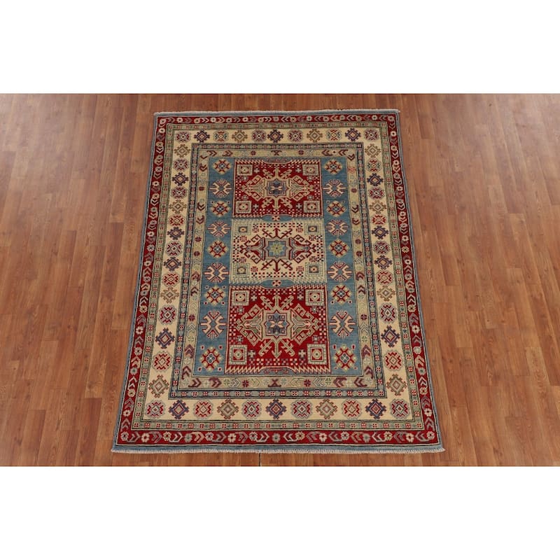 Blue Kazak Oriental Area Rug Handmade Floral Wool Carpet - 4'11" x 6'10"