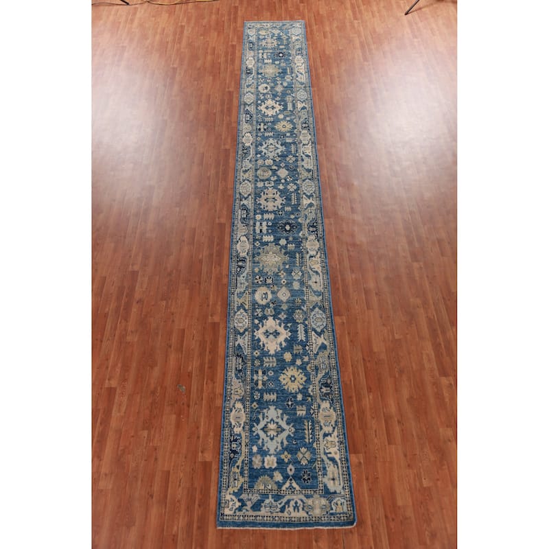 Hand Knotted Oriental 100% Wool Carpet Transitional All-Over Navy Blue & Blues Oushak Runner Rug - 19' 5'' X 2' 7''