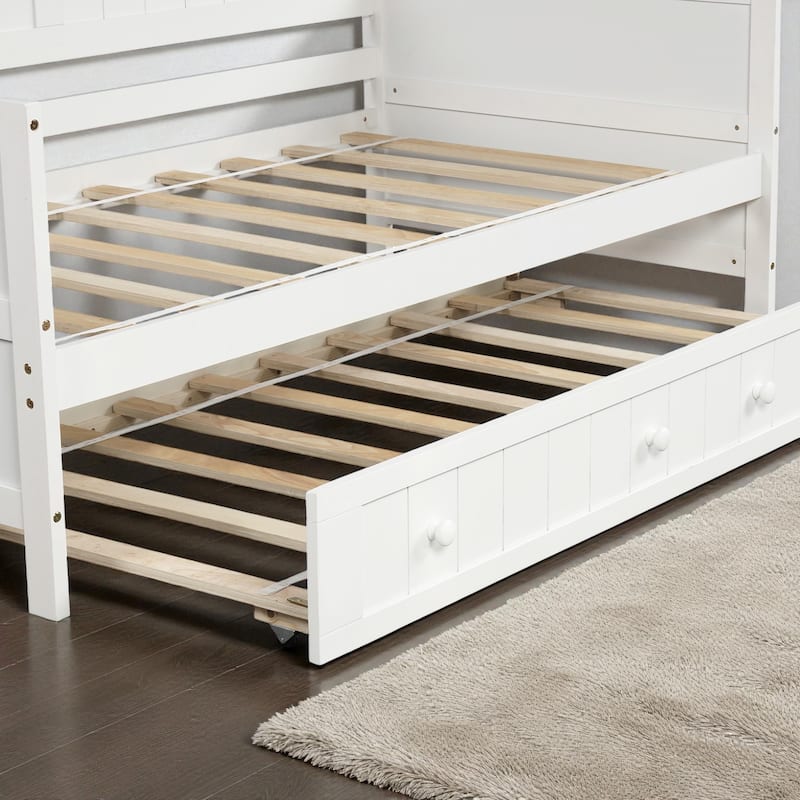 Twin Wooden Daybed with Pull-Out Trundle, Solid Wood Sofa Bed for Bedroom or Living Room, Cottage Style Design