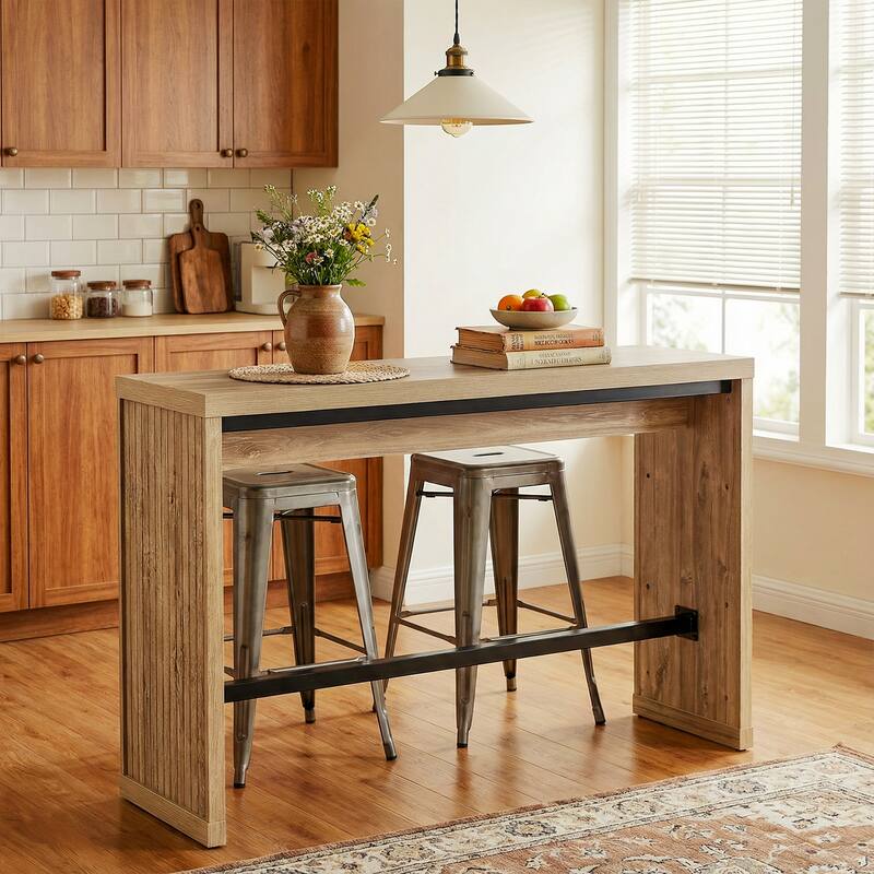 55 Inch Wooden Bar Table with Metal Footrest - 55.11" W x 15.59" D x 37.40" H - Brown