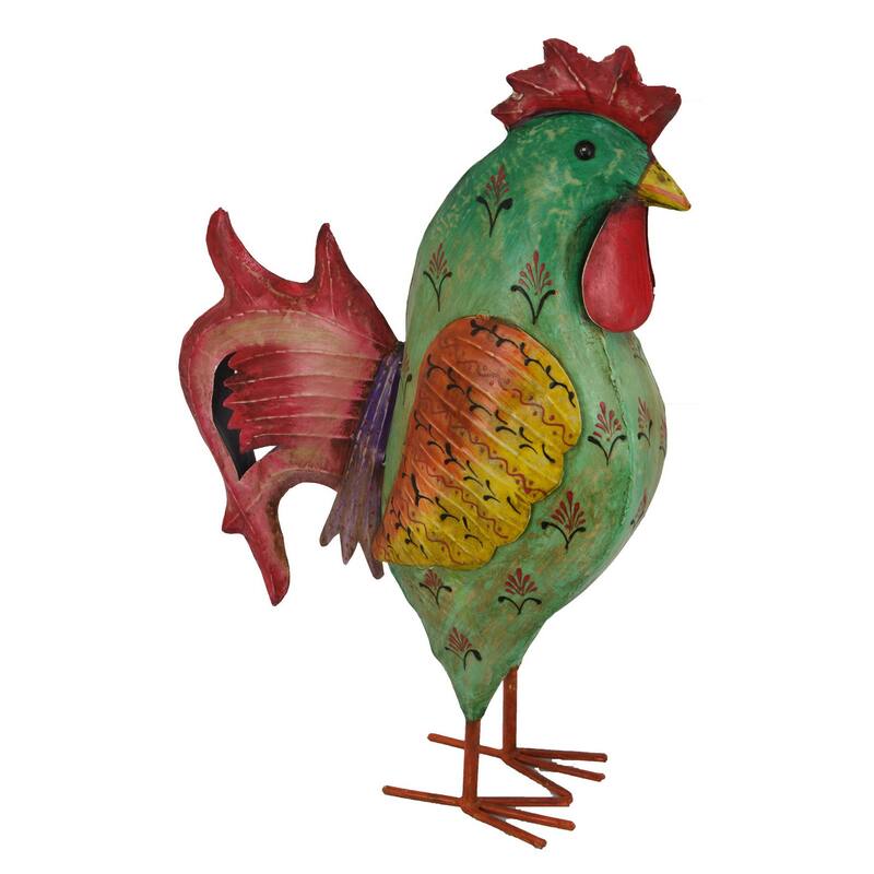 Rookie Painted Rooster, Garden Decor, Green Red Yellow Metal, 26 Inch