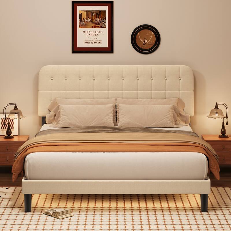 Full / Queen / King Bed Frame with Headboard, Upholstered Platform Bed with Sturdy Wooden Slats
