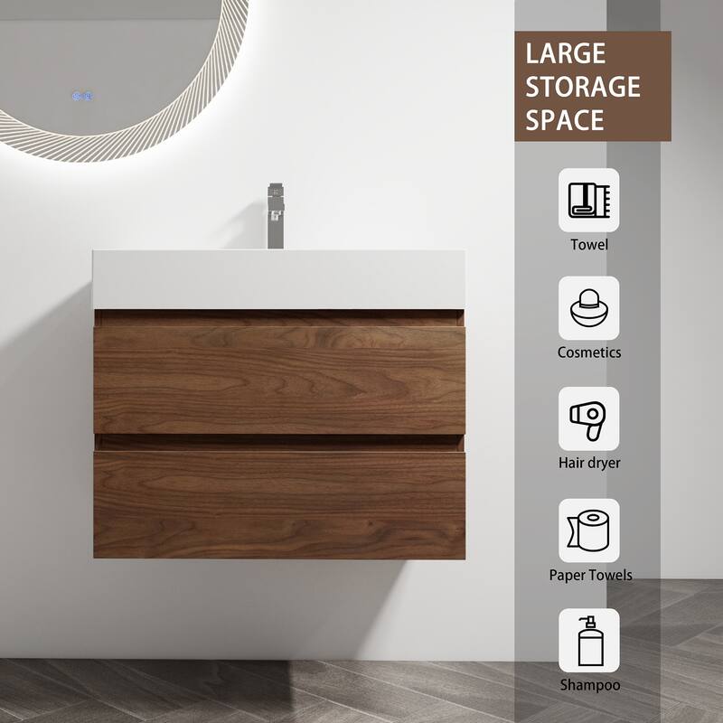 24/30/36 Single Sink Wall-Mounted Bathroom Vanity with Integrated Thick Edge Resin Sink