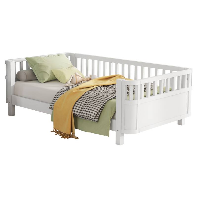 Twin Size Wood Platform Bed with Safety Rails for Kids, Low Profile Design, White
