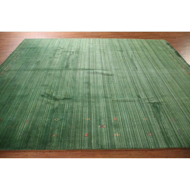 Striped Green Gabbeh Oriental Area Rug Handmade Silk Carpet - 9'1"x 11'5"